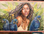 girl with blue macaws art print