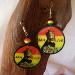 Haile Selassie wooden round earrings handmade Rasta earrings
